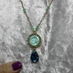 Handmade Angel Cameo Glass Necklace Teal Green 22" Long Chain Mother's Day Gift